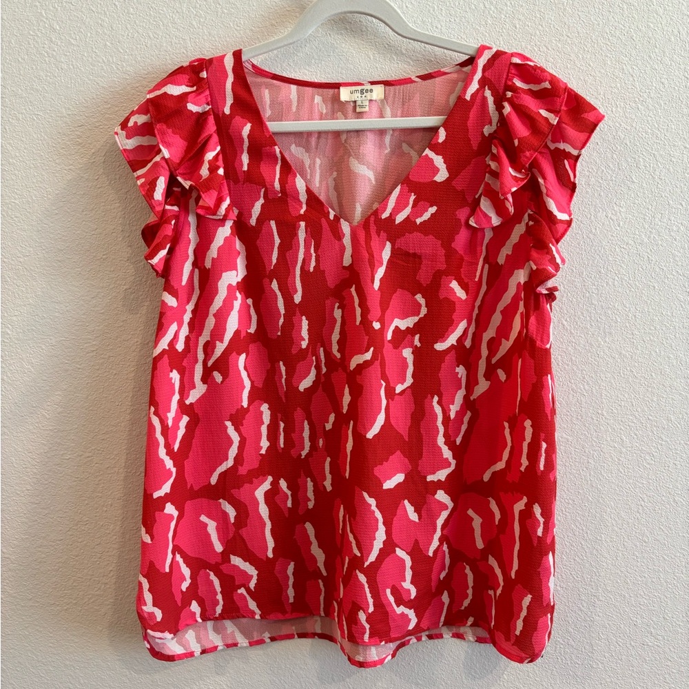Umgee Pink & White Patterned V-Neck Ruffle Sleeve Blouse